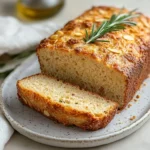 Freshly Sliced Almond Flour Bread Easy On A White Plate, Garnished With Rosemary, Showing Golden Crust And Soft Texture.