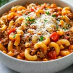 Bowl Of American Goulash Garnished With Parmesan Cheese And Parsley On A Light Countertop