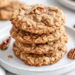 Stack Of Healthy Apple Oatmeal Cookies On A White Plate, Garnished With Pecans And A Sprinkle Of Cinnamon Sugar.