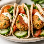 Baked Falafel Sandwiches Wrapped In Whole-Wheat Tortillas With Fresh Veggies And Tahini Sauce