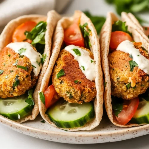 Baked Falafel Sandwiches Wrapped In Whole-Wheat Tortillas With Fresh Veggies And Tahini Sauce