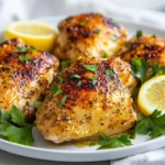 Baked Lemon Pepper Chicken On A White Plate Garnished With Lemon Slices And Parsley In Natural Light