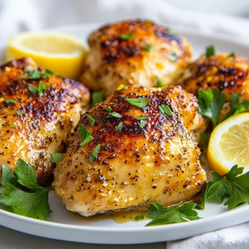 Baked Lemon Pepper Chicken: A Healthy And Easy Dinner Recipe 2 Baked Lemon Pepper Chicken On A White Plate Garnished With Lemon Slices And Parsley In Natural Light