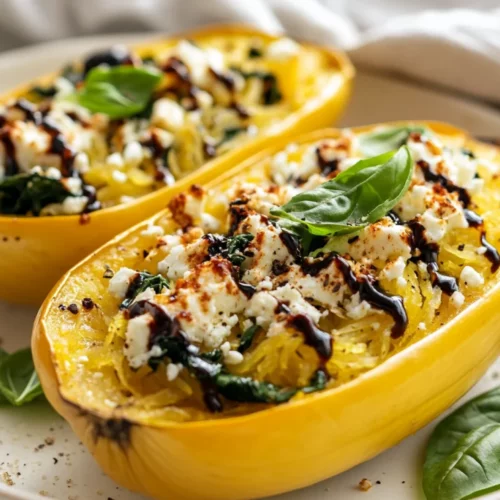 Baked Spaghetti Squash With Spinach And Feta Topped With Balsamic Glaze And Fresh Basil On A White Plate
