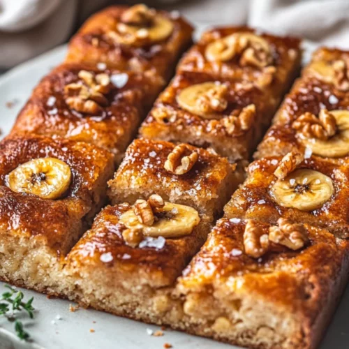 Vegan Banana Bread Focaccia: A Unique Twist On Sweet And Savory 2 Golden Banana Bread Focaccia Sliced On A Plate, Topped With Caramelized Bananas, Walnuts, And Flaky Sea Salt.