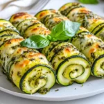 Basil Zucchini Roll-Ups On A White Plate, Topped With Pesto And Garnished With Fresh Basil Leaves