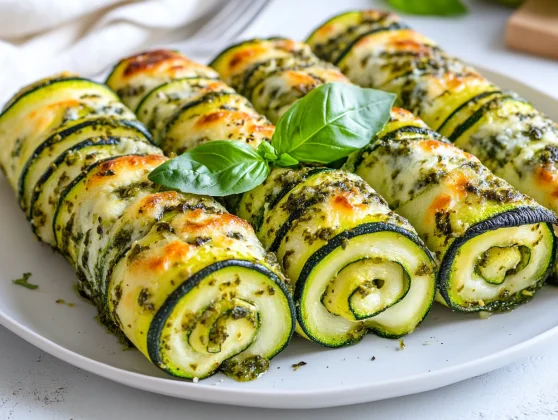 Basil Zucchini Roll-Ups: Healthy, Flavorful &Amp; Easy To Make 2 Basil Zucchini Roll-Ups On A White Plate, Topped With Pesto And Garnished With Fresh Basil Leaves