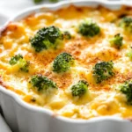 Bubbling Broccoli Cheese Casserole In A White Dish, Topped With Crispy Cheese And Sprinkled With Paprika