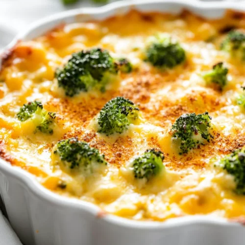 Bubbling Broccoli Cheese Casserole In A White Dish, Topped With Crispy Cheese And Sprinkled With Paprika