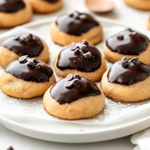Gluten Free Buckeye Cookies With Chocolate - A No-Bake Treat 2 Classic Buckeye Cookies With Chocolate On A White Plate Lined With Parchment Paper, Garnished With Chocolate Chips And Powdered Sugar