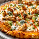 Buffalo Chicken Cauliflower Pizza Served On A White Plate, Topped With Cheese And Fresh Herbs.