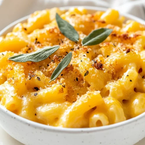 Creamy Butternut Squash Mac And Cheese In A White Bowl, Topped With Crispy Sage And Black Pepper, On A Light Neutral Background