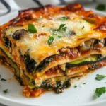 Delicious Cheesy Spinach Zucchini Lasagna On A White Plate, Topped With Melted Cheese And Fresh Basil