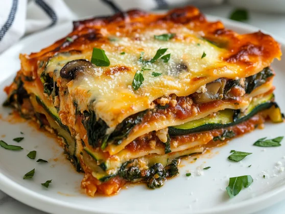 Cheesy Spinach Zucchini Lasagna: Healthy, Flavorful, Easy Recipe 2 Delicious Cheesy Spinach Zucchini Lasagna On A White Plate, Topped With Melted Cheese And Fresh Basil