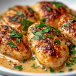 Chicken Cutlets With Sun-Dried Tomato Sauce Served On A White Plate, Garnished With Fresh Parsley