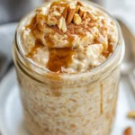 Jar Of Cinnamon Roll Overnight Oats Topped With A Sprinkle Of Cinnamon, Brown Sugar Syrup, And Crushed Nuts On A White Plate.