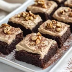 Fudgy Coconut Flour Brownies On A White Plate Topped With Cashew Frosting And Crushed Walnuts, On A Neutral Table Setting