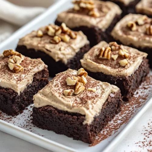 Fudgy Coconut Flour Brownies On A White Plate Topped With Cashew Frosting And Crushed Walnuts, On A Neutral Table Setting