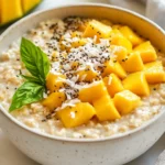 Bowl Of Coconut Mango Oats Topped With Diced Mango, Toasted Coconut, And Chia Seeds