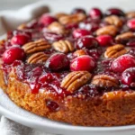 Cranberry Upside-Down Coffee Cake Served On A White Plate, Topped With Caramelized Pecans And Fresh Cranberries