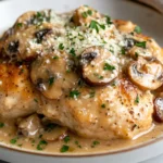 Creamy Mushroom Chicken On A White Plate Topped With Fresh Parsley And Parmesan Cheese