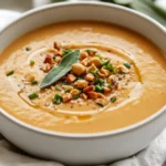 Bowl Of Creamy Peanut Soup With Sage, Topped With Honey-Roasted Peanuts, Fresh Sage Leaves, And Chives On A Neutral Napkin