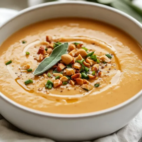 Creamy Peanut Soup With Sage: A Savory Comfort Food Favorite 2 Bowl Of Creamy Peanut Soup With Sage, Topped With Honey-Roasted Peanuts, Fresh Sage Leaves, And Chives On A Neutral Napkin