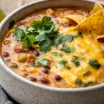 Bowl Of Creamy Queso Chili Topped With Tortilla Chips And Cilantro, Served With Lime Wedges On A Wooden Table