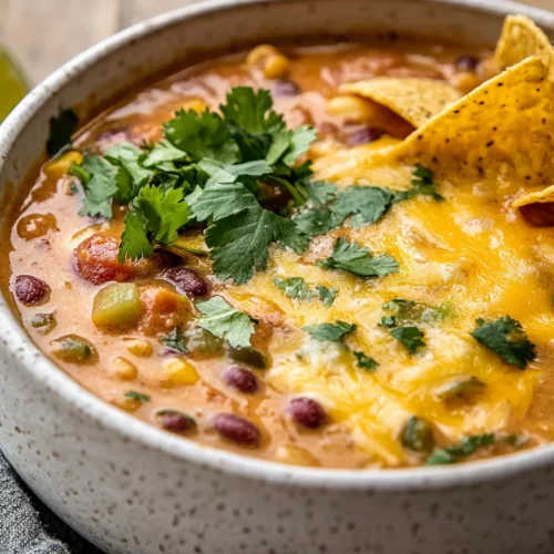 Bowl Of Creamy Queso Chili Topped With Tortilla Chips And Cilantro, Served With Lime Wedges On A Wooden Table