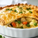 Curry Chicken Potpie On A White Plate, Garnished With Parsley And Steaming From A Golden Crust