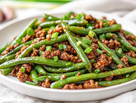 Garlic Green Beans With Ground Beef: A Quick And Healthy Dinner 2 Delicious Garlic Green Beans With Ground Beef Served On A White Plate Garnished With Scallions And Garlic