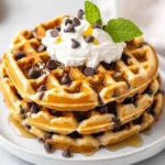 Fluffy Gluten-Free Chocolate Chip Waffles On A White Plate Drizzled With Syrup And Topped With Whipped Cream