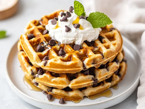 Gluten-Free Chocolate Chip Waffles - Perfect Healthy Breakfast 2 Fluffy Gluten-Free Chocolate Chip Waffles On A White Plate Drizzled With Syrup And Topped With Whipped Cream