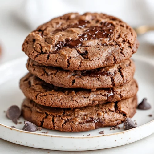 Gluten-Free Double Chocolate Cookies: Chewy, Sweet, And Perfect Every Time 2 Stack Of Gluten-Free Double Chocolate Cookies On A White Plate With Melted Chocolate Chips And A Dusting Of Cocoa Powder