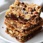 Stack Of Gluten Free Magic Cookie Bars On A White Plate With Melted Chocolate And Coconut Topping