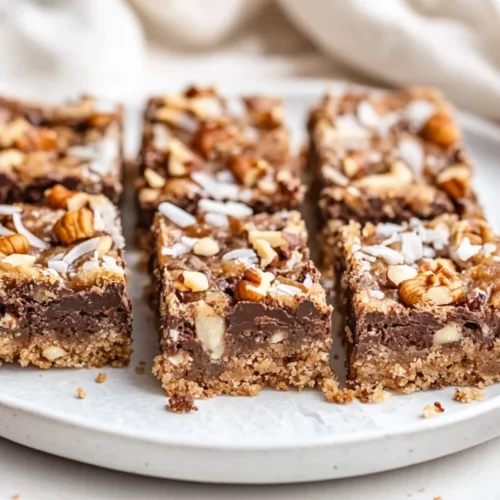 Irresistible Gluten Free Magic Cookie Bars: A Sweet Treat! 2 Gooey Gluten Free Magic Cookie Bars With Toasted Coconut, Chocolate Chips, And Nuts On A White Plate Lined With Parchment Paper