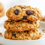 Soft Gluten-Free Oatmeal Cookies With Raisins Stacked On A White Plate, Golden-Brown With Textured Oats, Garnished With Cinnamon.
