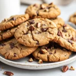 Golden Gluten-Free Peanut Butter Cookies On A White Plate With Pecans And Chocolate Chips, Styled On A Wooden Surface.