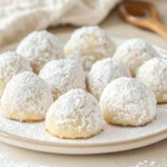 Gluten-Free Snowball Cookies Coated In Powdered Sugar On A White Plate With Extra Sugar Dusted Around, Festive And Inviting.
