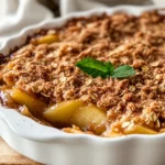 Delicious Healthy Apple Crisp Served In A White Dish, Garnished With Mint Leaves And Cinnamon On A Wooden Table