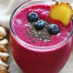 Healthy Beet Smoothie In A Clear Glass, Garnished With Chia Seeds And Fresh Ginger, Set Against A Neutral Background.