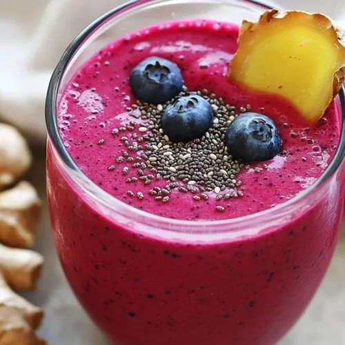 Healthy Beet Smoothie In A Clear Glass, Garnished With Chia Seeds And Fresh Ginger, Set Against A Neutral Background.