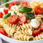 Healthy Caprese Pasta Salad In A White Bowl With Cherry Tomatoes, Mozzarella Pearls, Fresh Basil, And Light Dressing.