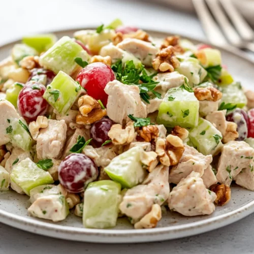Healthy Chicken Waldorf Salad: A Light, Protein-Packed Classic 2 Healthy Chicken Waldorf Salad With Apples, Grapes, Celery, And Walnuts On A White Plate, Garnished With Parsley And Walnuts.