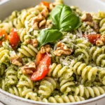 Healthy Walnut Pesto Pasta Salad In A White Bowl, Garnished With Walnuts, Basil Leaves, And Parmesan, With Vibrant Tomatoes And Peppers
