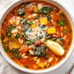 Bowl Of Hearty Minestrone Soup With Vibrant Vegetables, White Beans, Orzo, And Parmesan, Garnished With Spinach And Lemon.