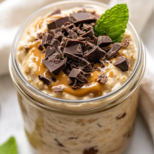 High-Protein Overnight Oats With Peanut Butter: The Perfect Healthy Breakfast 2 High-Protein Overnight Oats With Peanut Butter In A Glass Jar, Topped With Chocolate Shavings And Mint Leaves