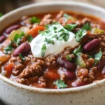 Bowl Of Hot Chili With Ground Beef Topped With Sour Cream And Cilantro On A Wooden Table