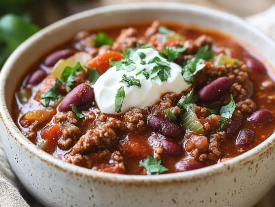 Bowl Of Hot Chili With Ground Beef Topped With Sour Cream And Cilantro On A Wooden Table