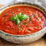 How To Make Garden Tomato Sauce In A Rustic Bowl Garnished With Fresh Basil Leaves, Served On A Wooden Cutting Board